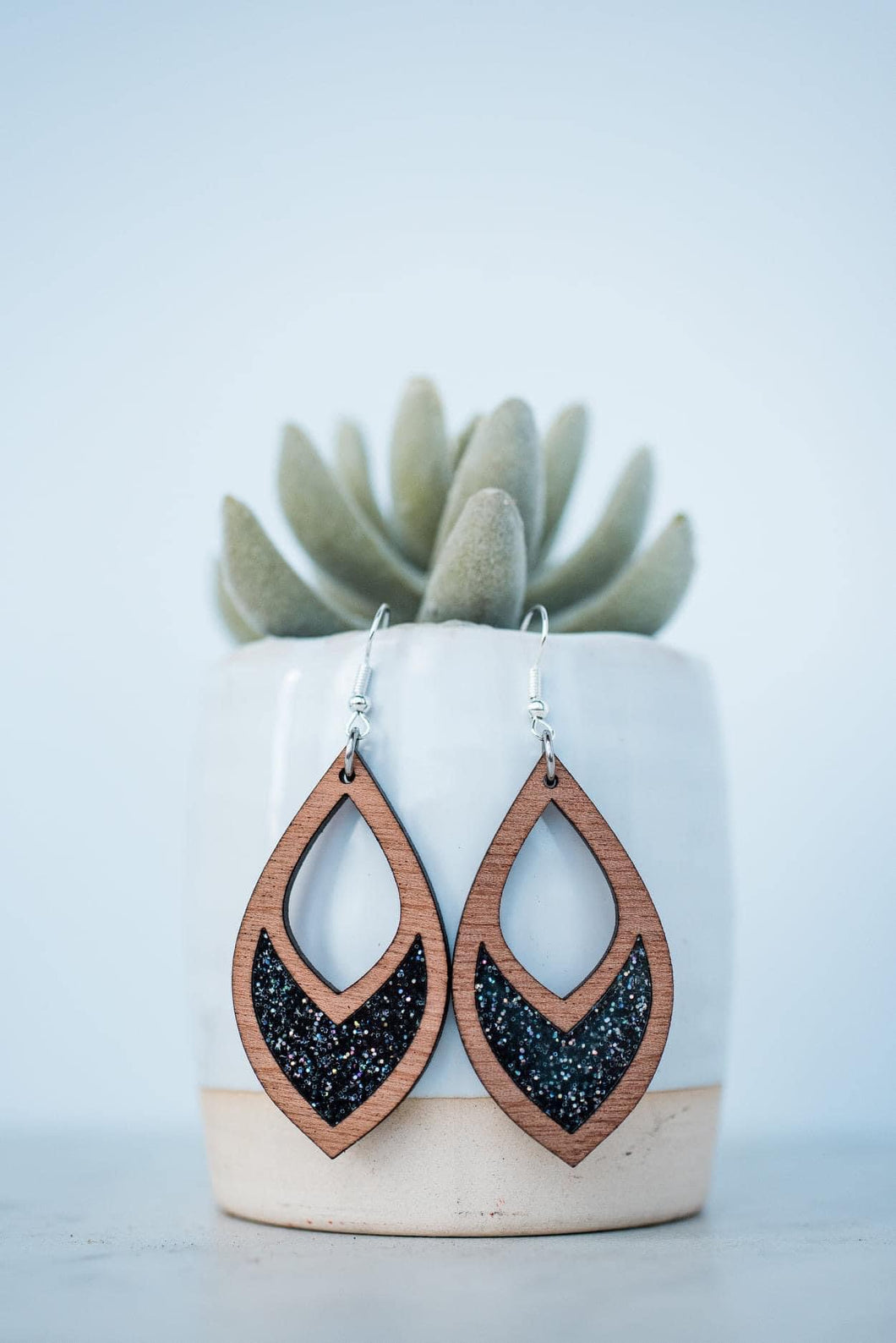 Black Rainbow Glitter Cutout Teardrop Inset Dangles Earrings*
