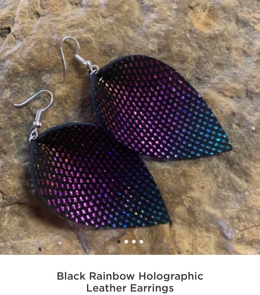 Black Rainbow Holographic Leather Earrings *