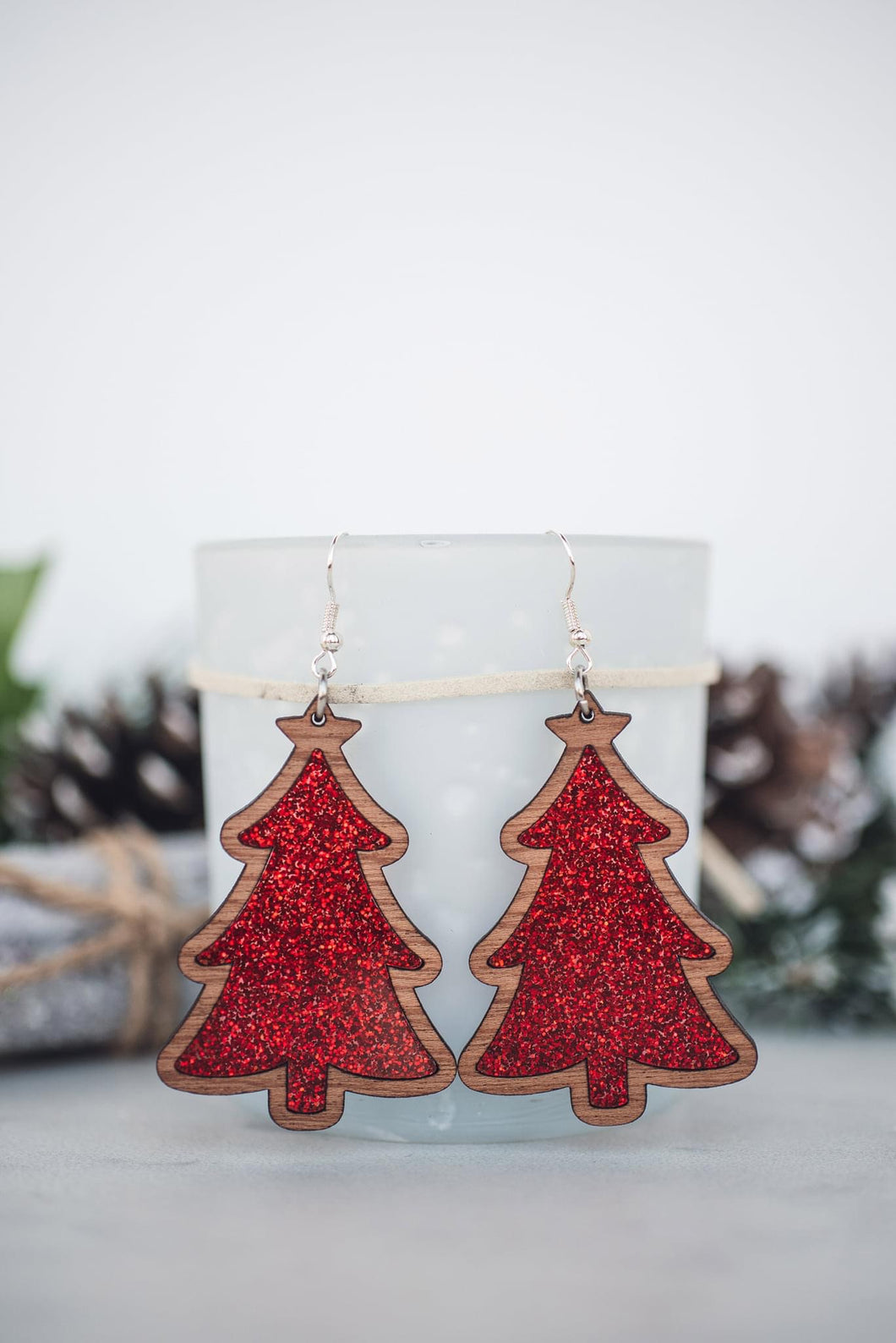 Red Glitter acrylic tree dangle Earrings*