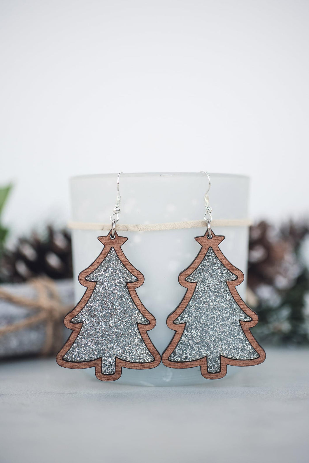 Silver Glitter acrylic tree dangle Earrings*