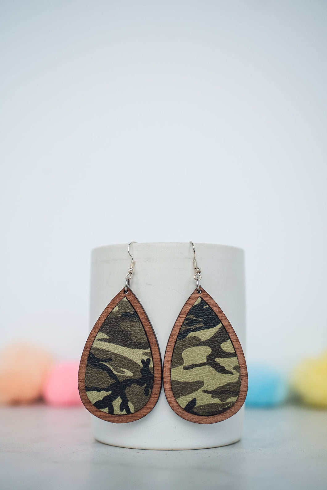 Camo Leather & Wood Inlay Teardrop Dangles*