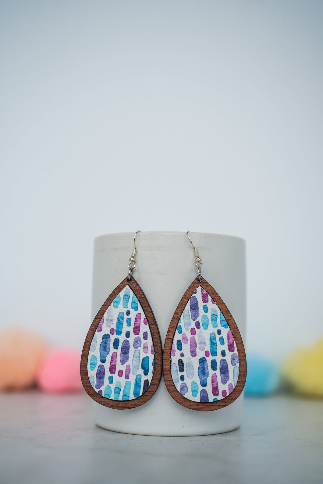 Watercolor Rain Leather & Wood Inlay Teardrop Dangle Earrings*