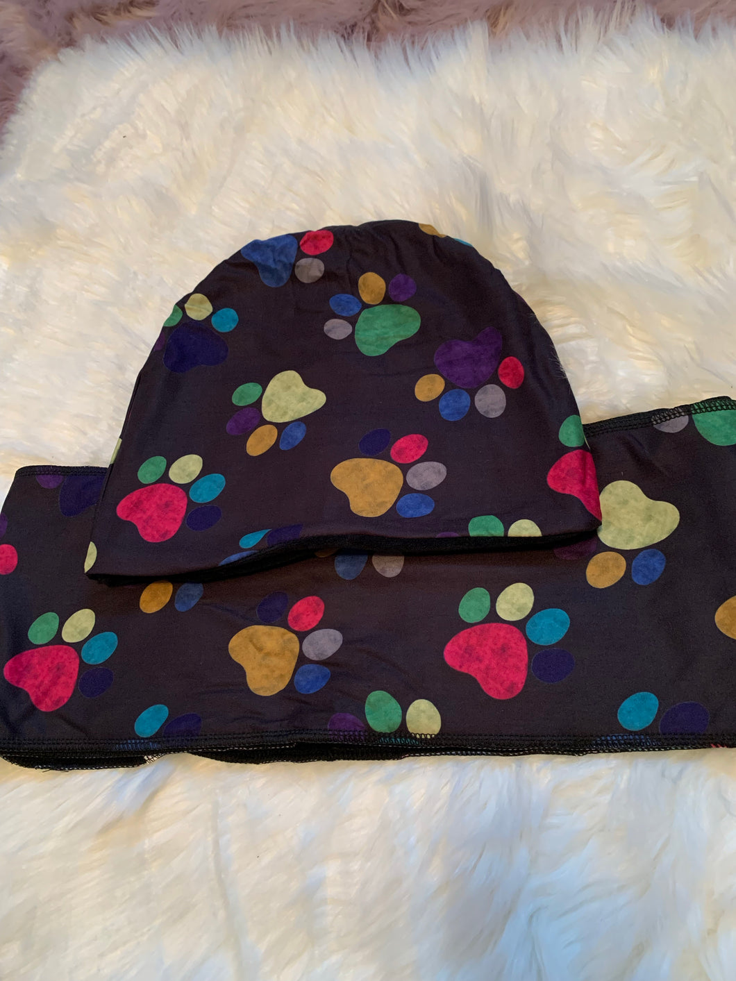 Fleece lined scarf & beanie set- Rainbow paws *