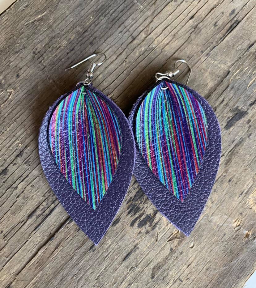 Purple and Rainbow Leather Earrings *