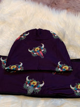 Load image into Gallery viewer, Fleece lined scarf &amp; beanie set- Purple Cow Skull *
