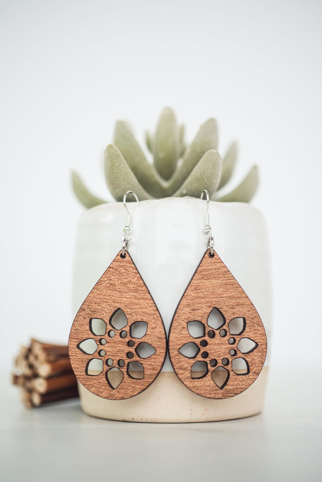 Teardrop Lotus Mandala Wood Dangle Earrings*