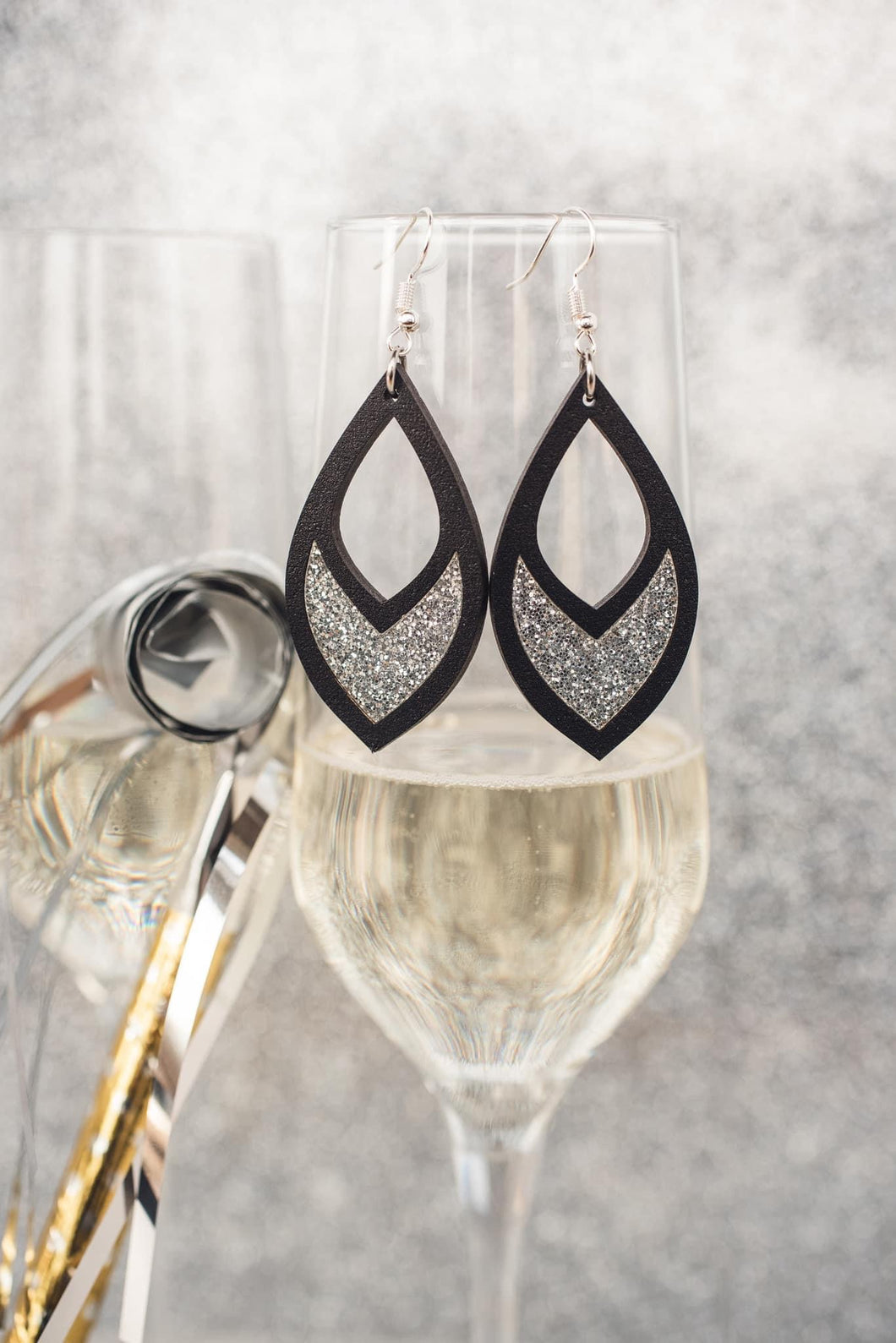 Silver Glitter Cutout Inset Dangle Earrings*